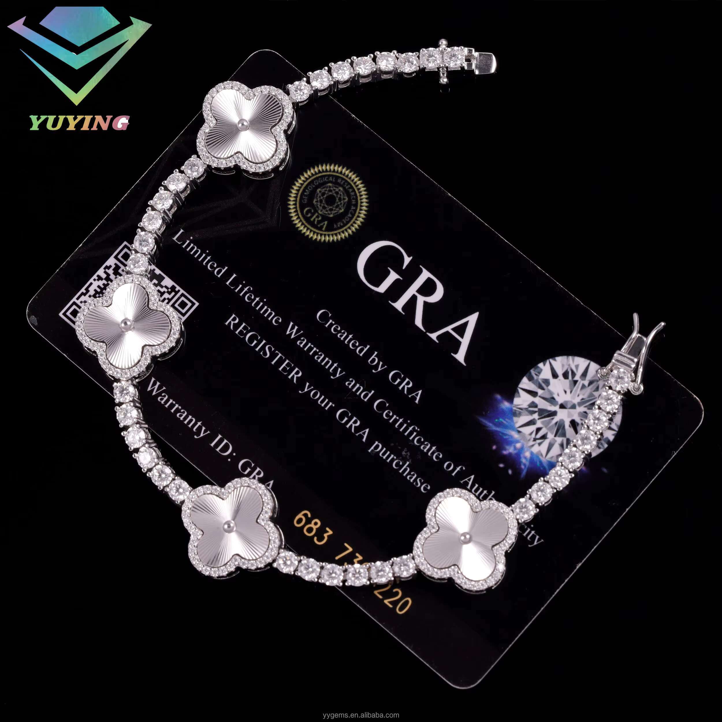Lucky Four Leaf Clover Tennis Bracelet Hip Hop Jewelry 3mm S925 Silver Gold Plated Iced Out Moissanite Clover Tennis Bracelet