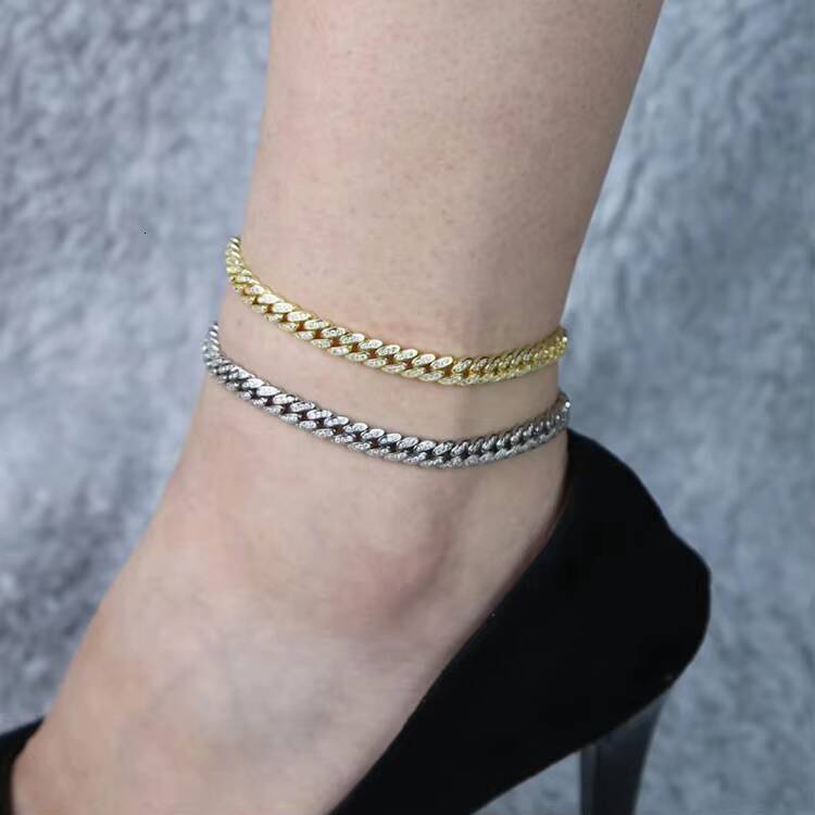 Wholesale Custom Anklets Bling Moissanite Diamond Miami Cuban Link Chain Anklet 60mm Hip Hop Women Body Jewelry
