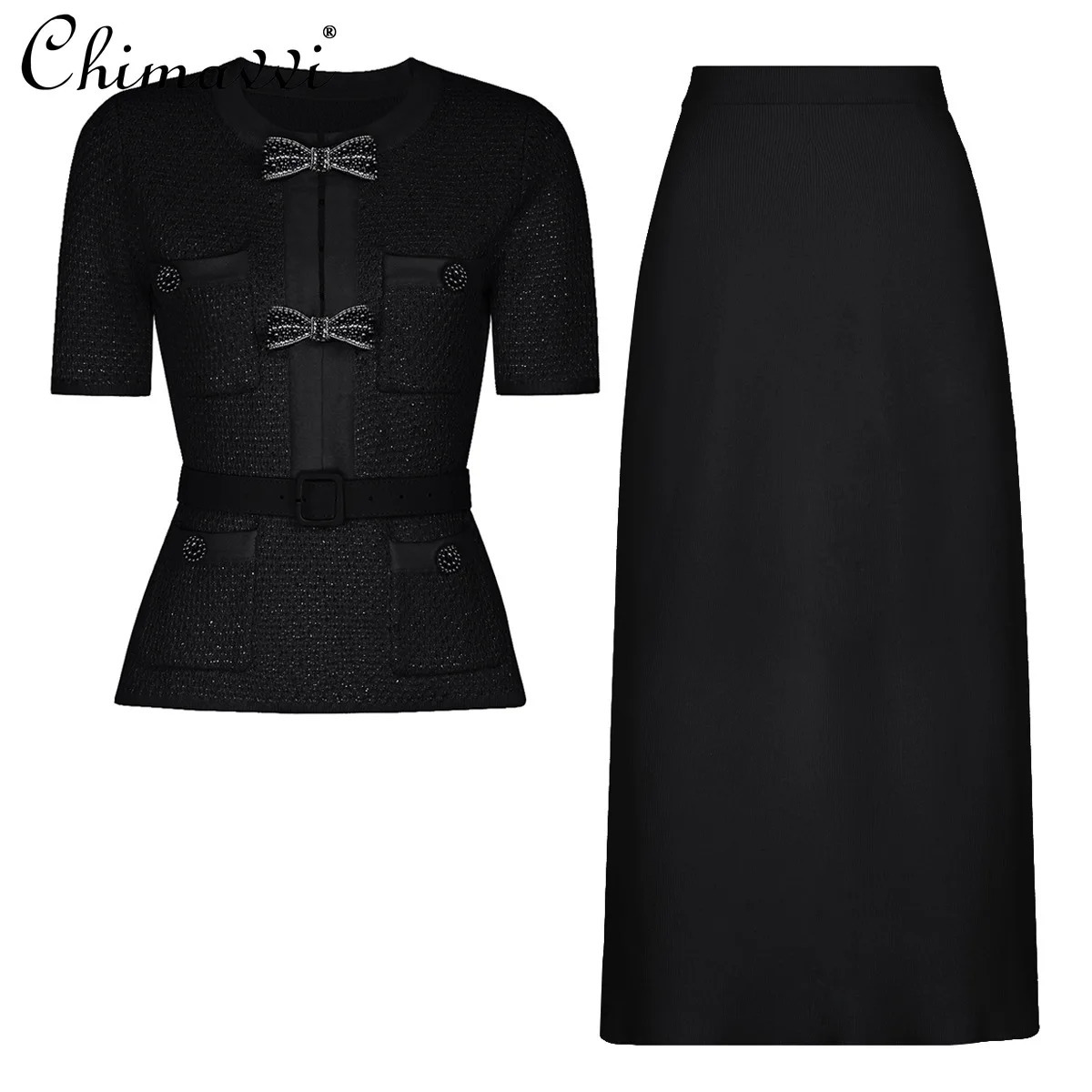Autumn Clothes Heavy Bow Beaded Slimming Long Sleeve Knitted Top Skirt Set Elegant Black Women TwoPiece 251110