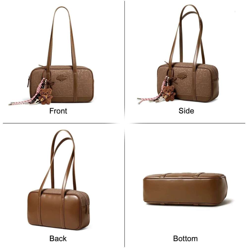 AII Brown Bowg For Women Retro Emed Commuter Zipper Handbag With Cute Pendent Valentine Gift Ladies Shoulder Bag