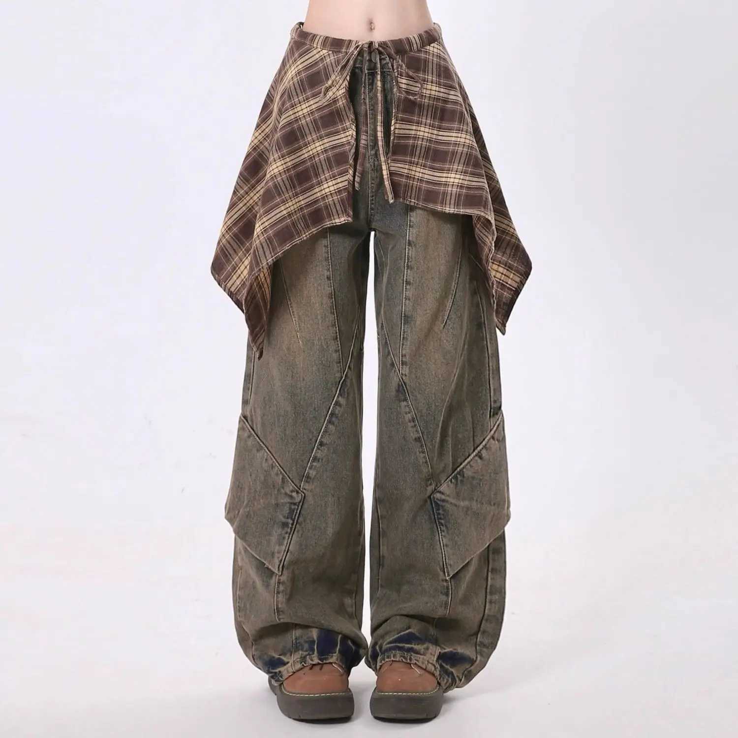 American Vintage Jeans for Women Fake Two Pieces with Skirt Autumn New Loose Spicy Girl Streetwear Straight Wide Leg Pants C251110