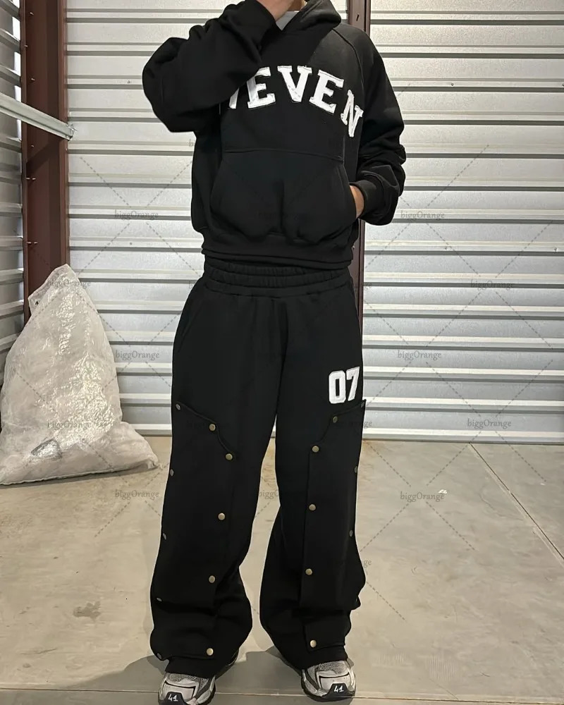 2025 European and American Printed Mens Super Large Hoodie Trousers Suit Buttons Decorative Pullover Clothing Pants 250409