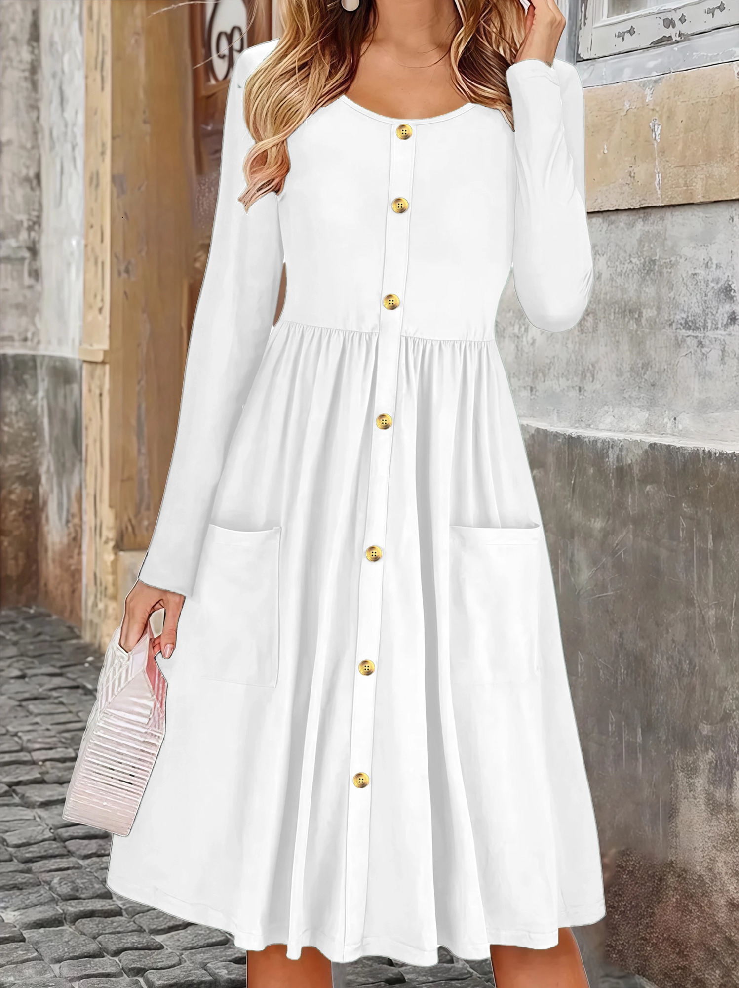 Elegant Solid Color ButtonDetail Round Neck Long Sleeve MidLength Plus Size Womens Dress for Autumn 251110