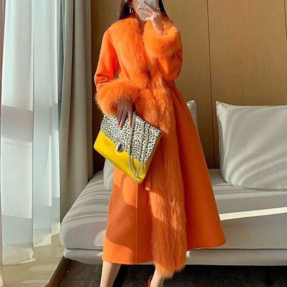 Woolen Fashion MidLength Wool Women's Winter Collar Internet Celebrity Faux Fur Coat Trendy