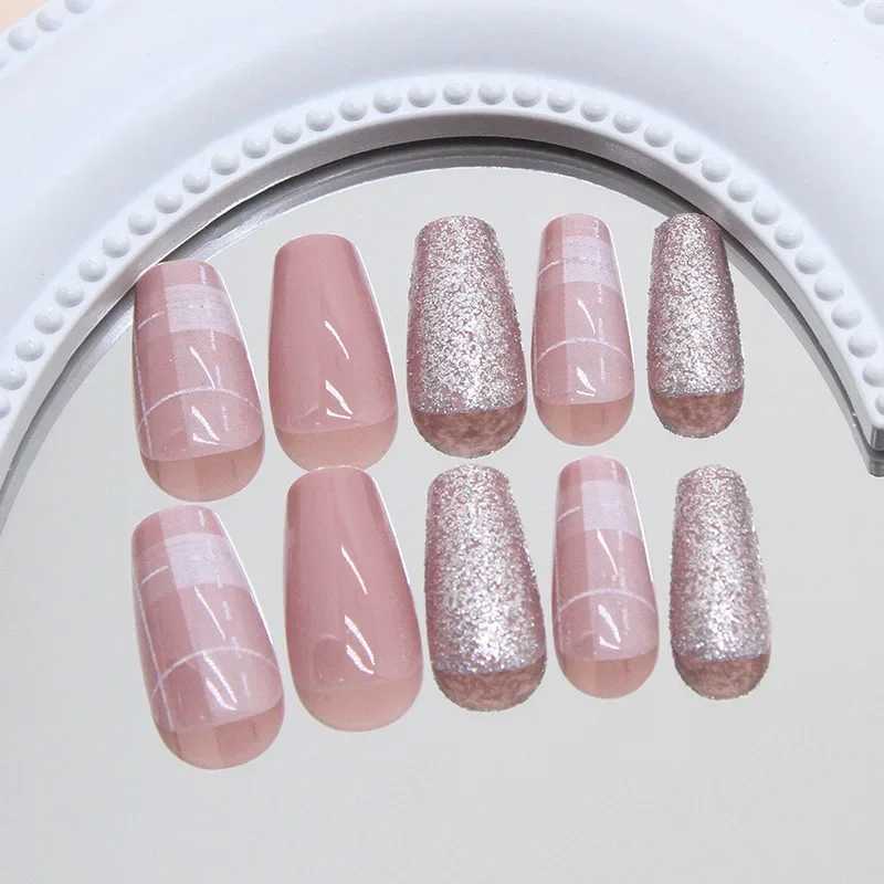 24 pieces of fine glitter candy with jelly stickers pressed onto the fake nails wearable round headed oval shaped fully covered nail tips W250410