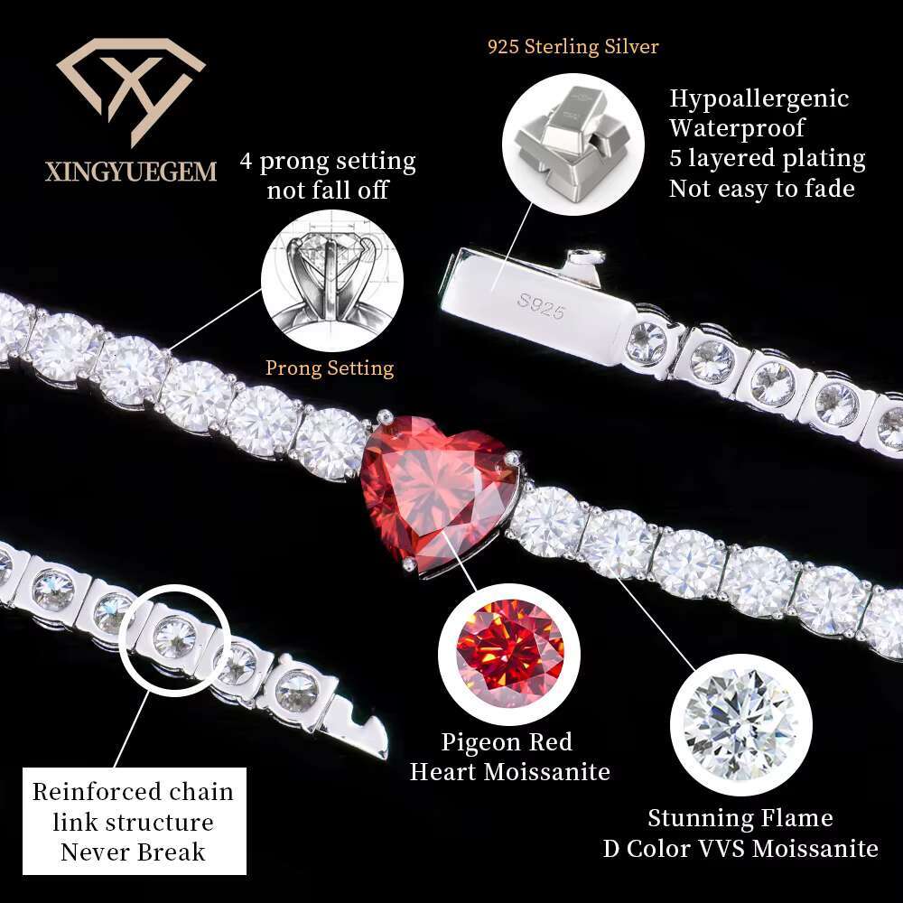 Custom Hiphop Silver 925 Jewelry 4mm Diamond Mossanite Moissanite Tennis Chain Necklace With Pigeon Blood Heart Pendant for Gift