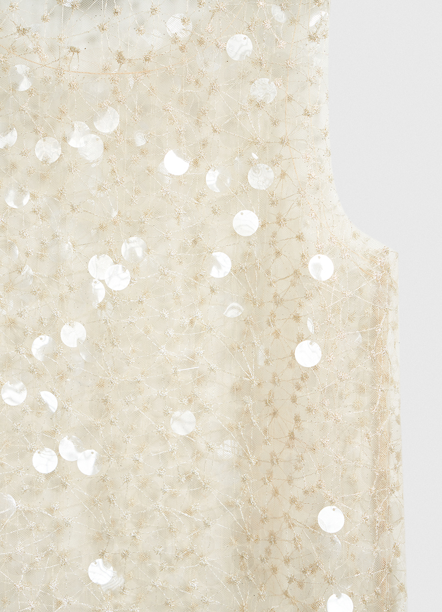 Women's Beige Large Sequin Scoop Neck Sleeveless Top, Flared Silhouette Party Blouse