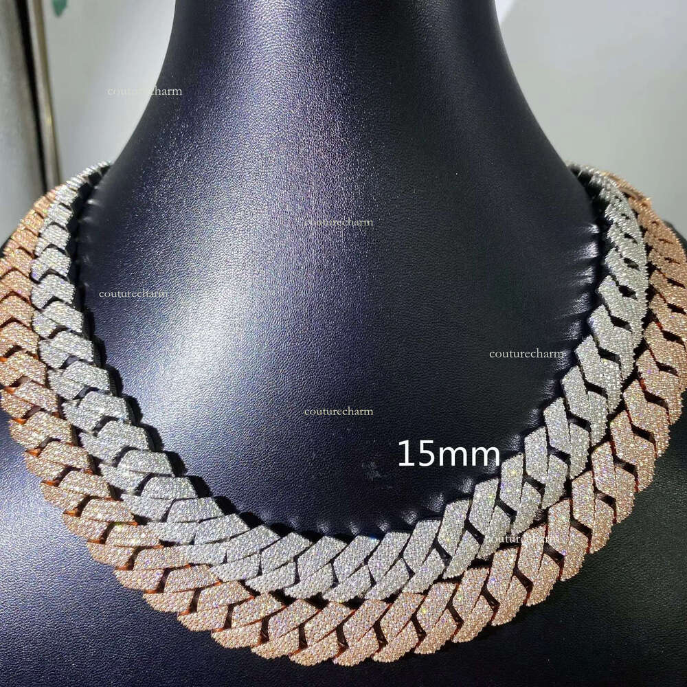 Hiphop 15mm VVS Moissanite Dia Chain Rose Gold Plated Sterg Sier Cuban Necklace Jewelry