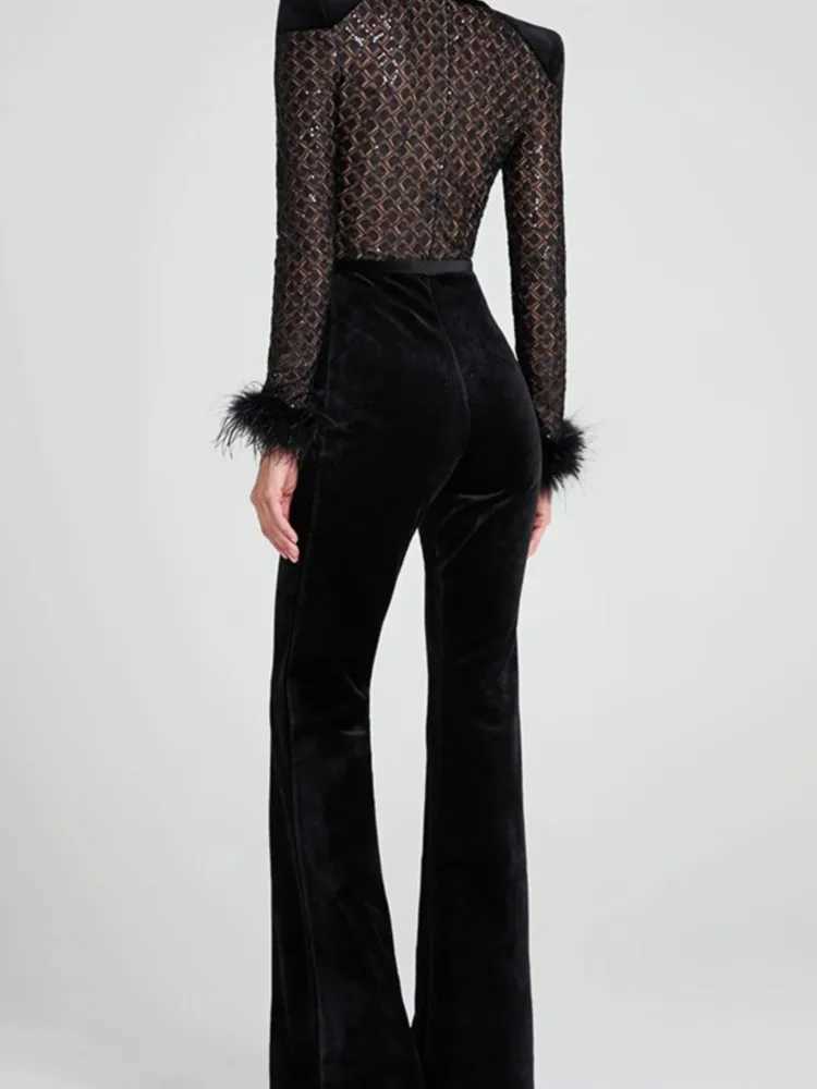 New Sequined Black Feathers Round Neck Gold Velvet Stitching Swedish Jumpsuit Casual Womens Sexy Swedish Jumpsuit W250306