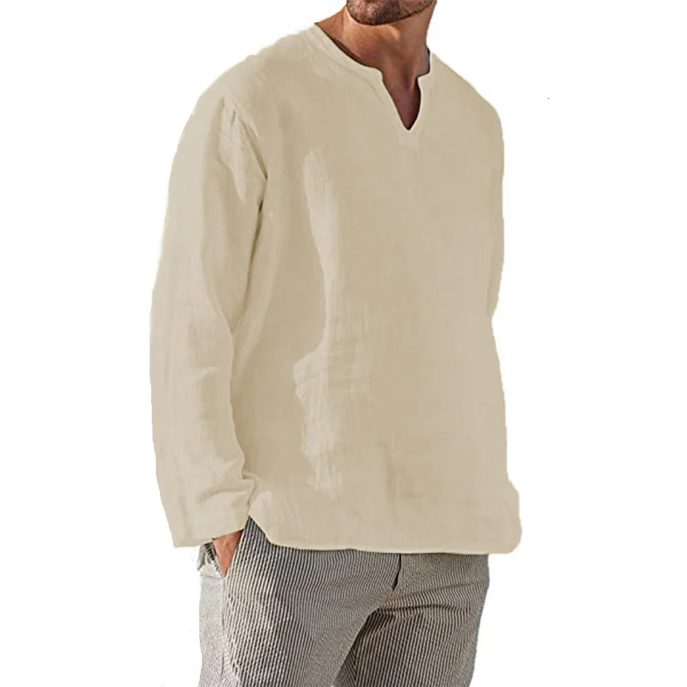 Mens Cotton Linen Shirt Cozy Solid Color Long Sleeve Breathable Tops V Neck Casual Blouse Hawaiian Shirt Lightweight Shirts 250408