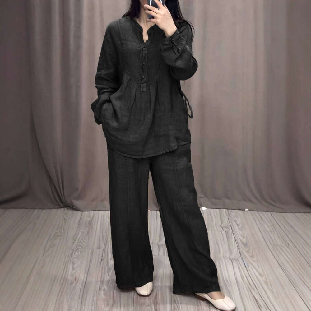 2025 European and American Independent Station Autumn New Fashion Comfortable Cotton Linen Long Sleeve Half-Open Front Casual Pleated Wide-Leg Pants S