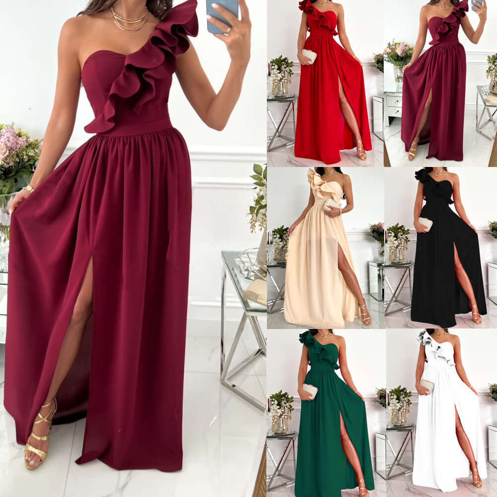 2025 new summer sleeveless shoulder lotus leaf hem slit dress for women, with a unique and elegant temperament