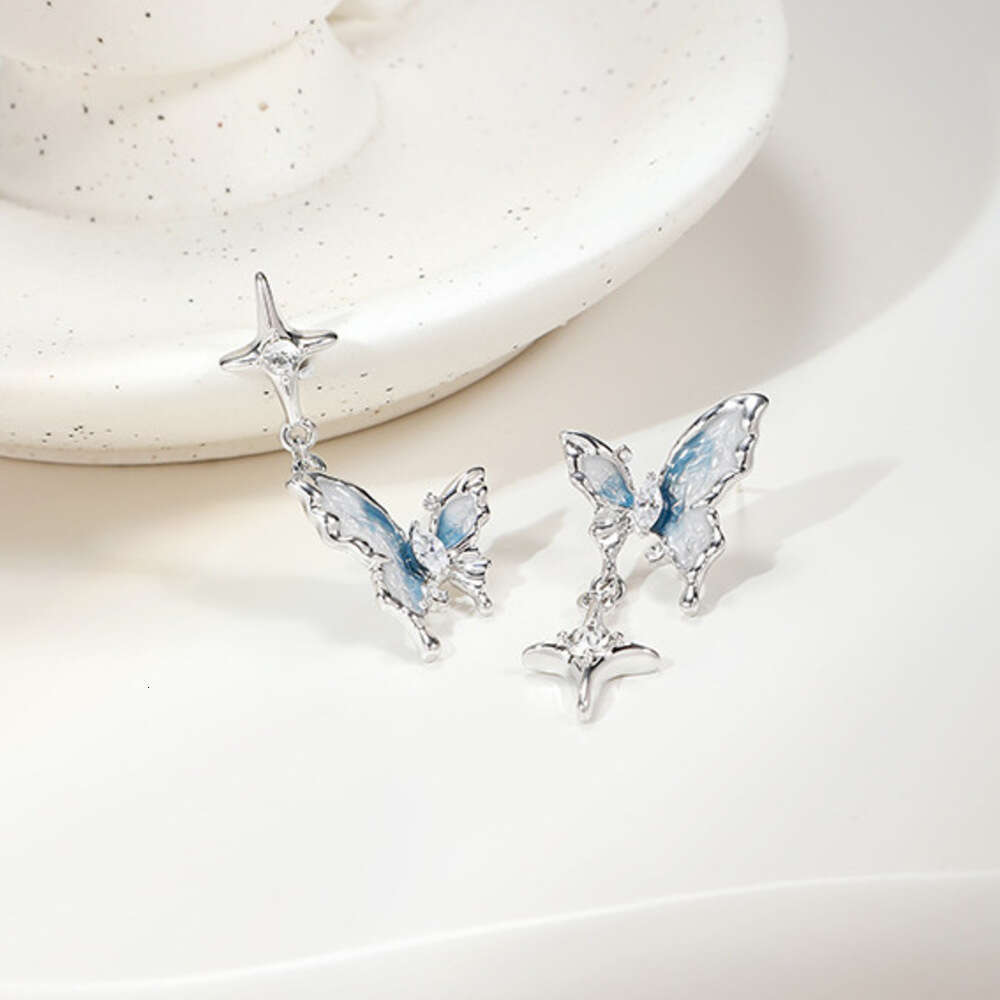 925 Silver Needle Blue and White Oil Drop Butterfly Icy Temperament High-end Zircon Exquisite Versatile Earrings for Women