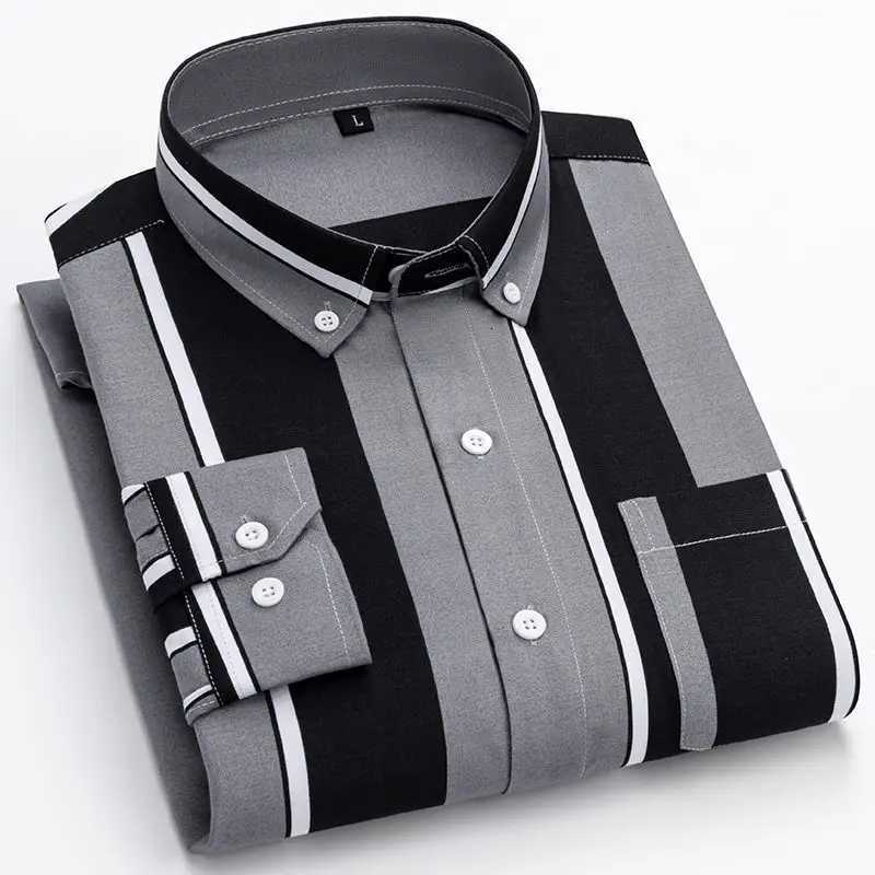 Y2k Spring and Autumn Mens Striped Shirt Long Sleeve Business Casual Square Collar Regular Fit Anti-wrinkle Pocket Male Shirt K251110