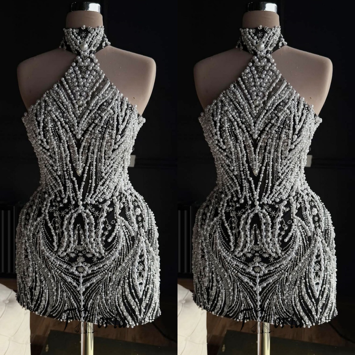 Heavy Pearls Beads Black Cocktail Dress Sleeveless Customized Short Prom Homecoming Dress Luxury Birthday Evening Gowns