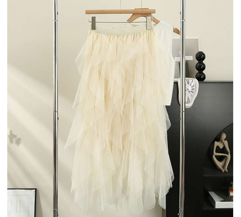 Irregular Mesh Half Spring Summer Autumn Versatile Commuting High Slimming Elastic Waist A-line Mid-length Skirt for Women