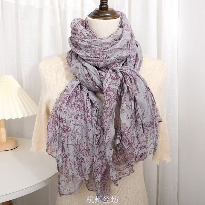 T446 winter cold windproof shawl ethnic style silk scarf female autumn and winter pleated cotton and linen feel warm neck scarf