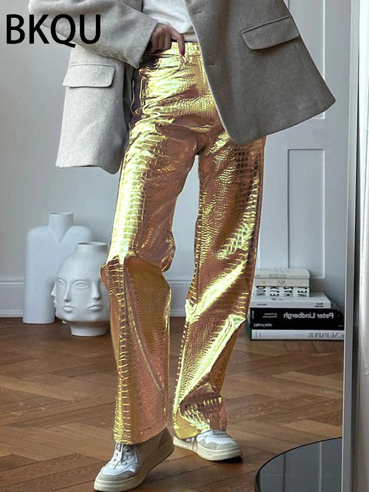 BKQU Gold Sliver Leather Straight Wide Leg Pants for Women Fashion Streetwear High Waist Scale Leather Party Club Trousers 250409