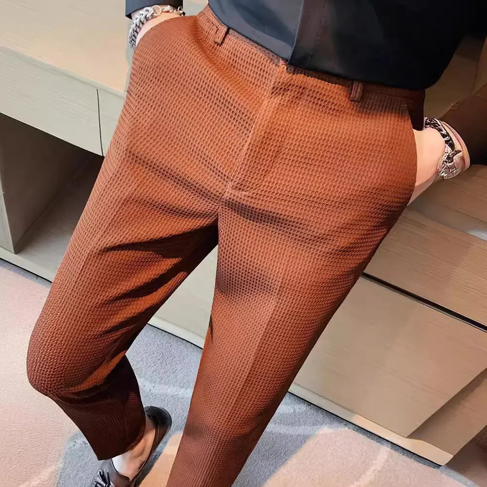 Mens Trendy High-end Feelslimming Plaid Suit Pants Casual Business Straight-leg Pants For Summer Lightweight Breathable 250409