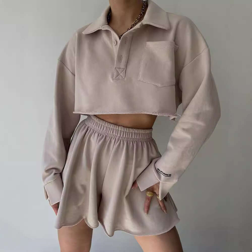 2024 European and American new solid color long sleeved short casual cardigan top drawstring shorts set