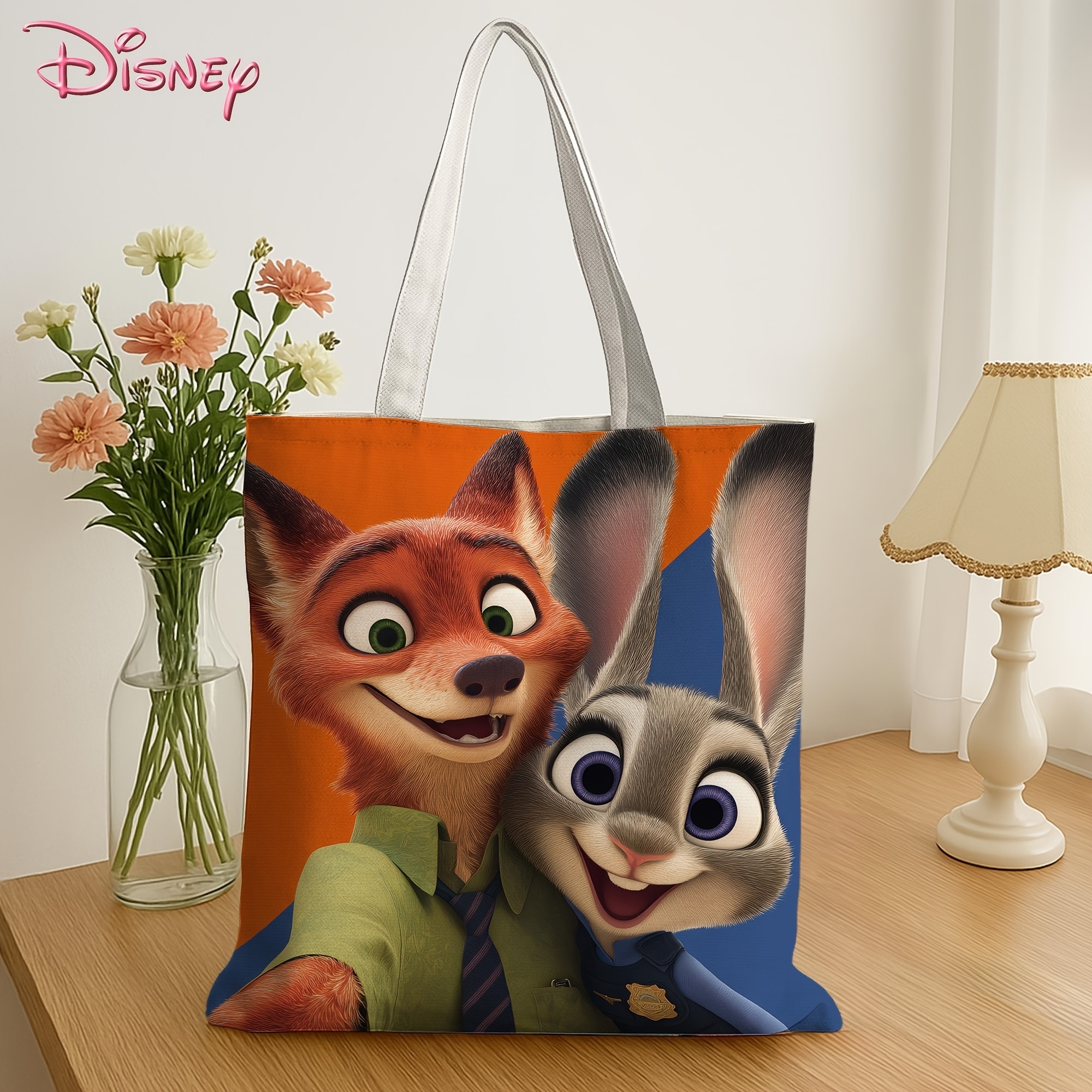 Disney 1 Piece Zootopia Handbag Judy Hopps & Nick Wilde Print, Red Blue, Foldable Durable, Daily Use, Travel, Work, College - Suitable for Women and M