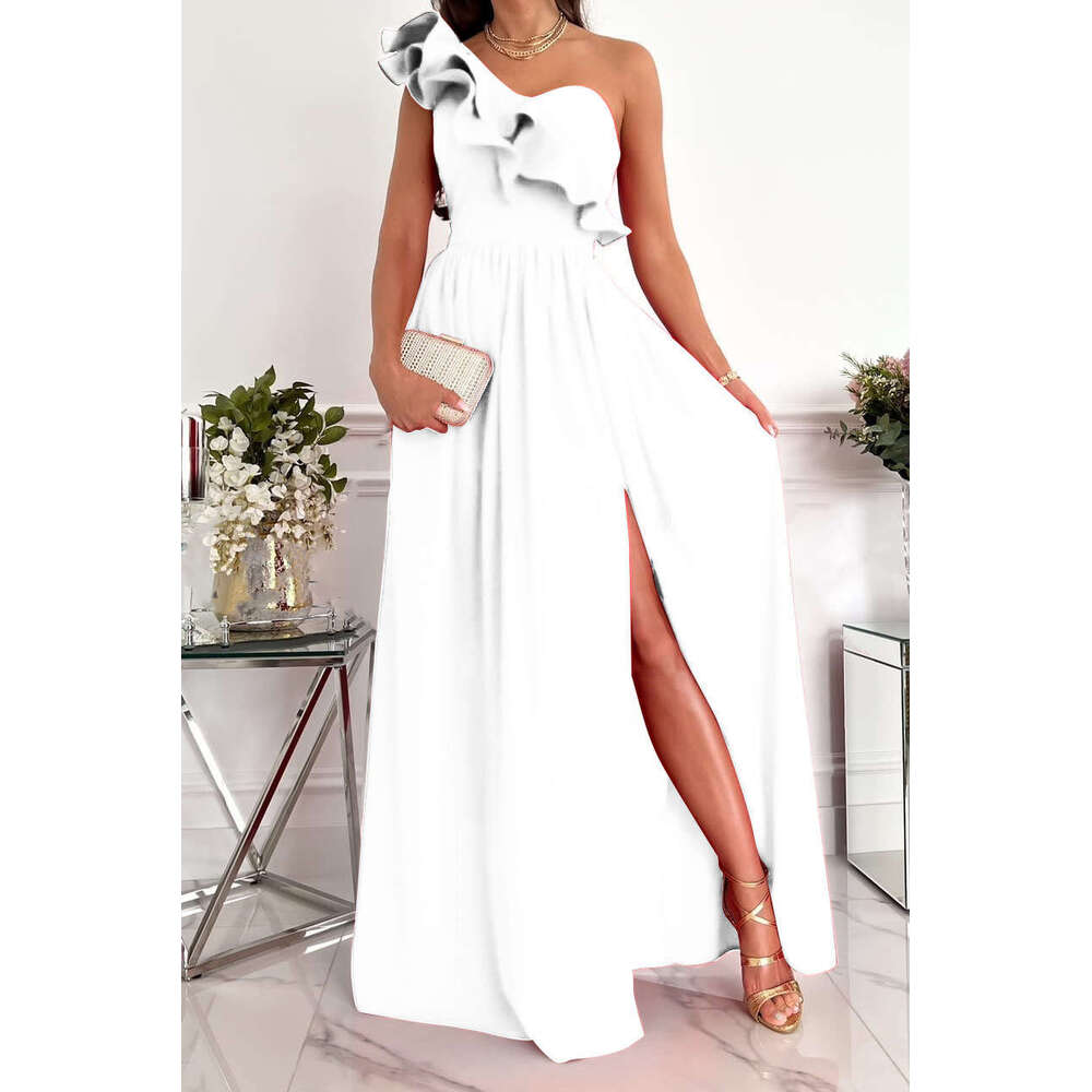 2025 new summer sleeveless shoulder lotus leaf hem slit dress for women, with a unique and elegant temperament