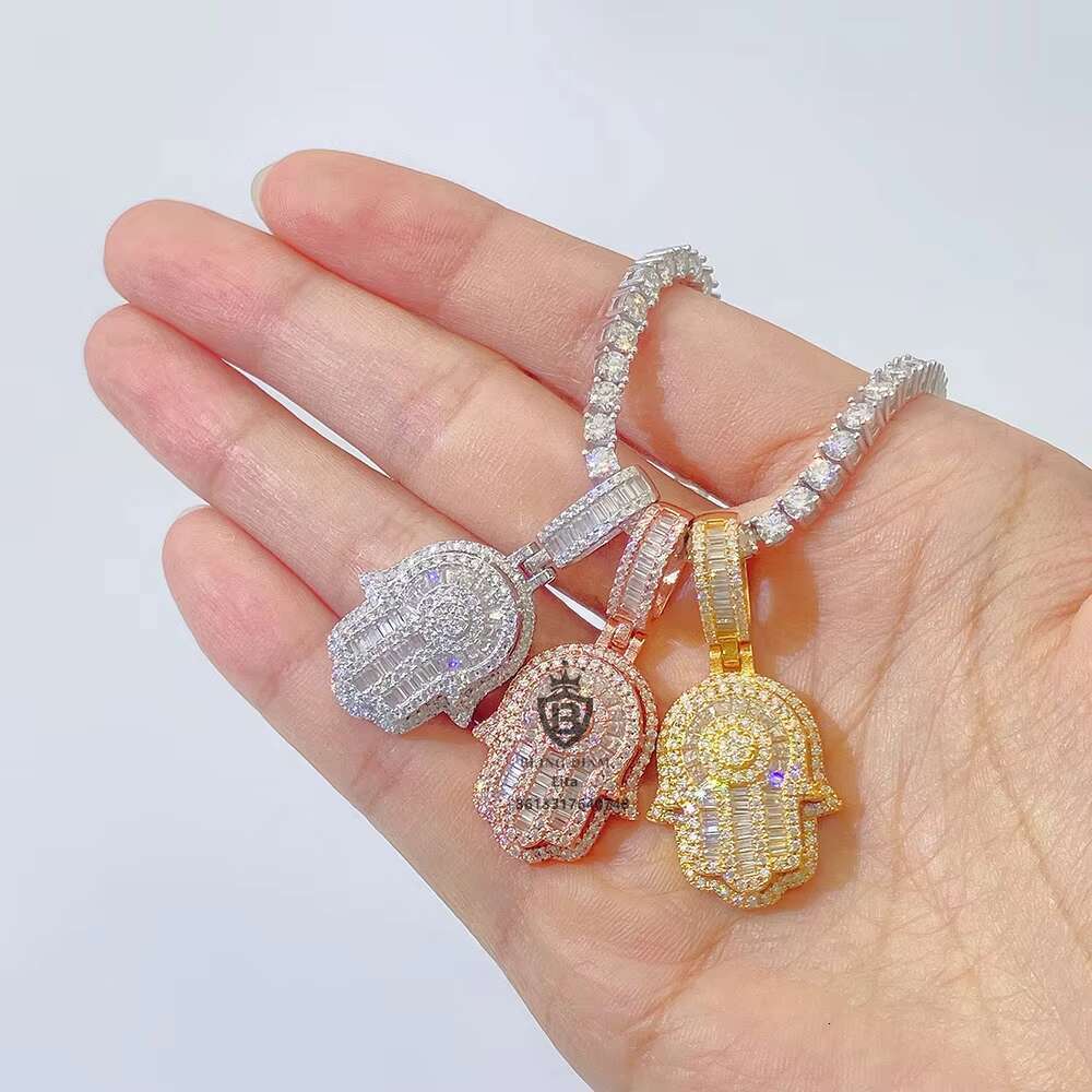 Wholesale Factory Directly Sticking Out One Layer baguette Moissanite Hamsa Hand 925 Silver Pendant