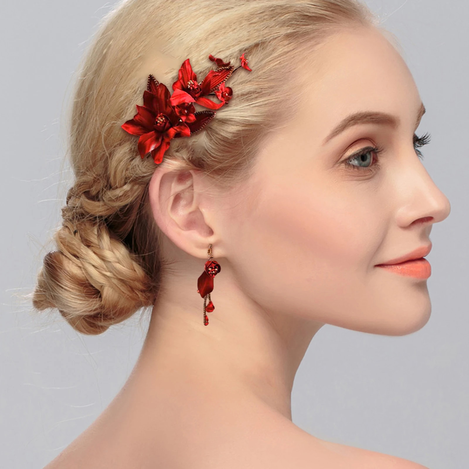 Red Flower Fairy tassel Hair Clip Earring Set Chinese Wedding Accessories Womens Retro Hair Clip 250409