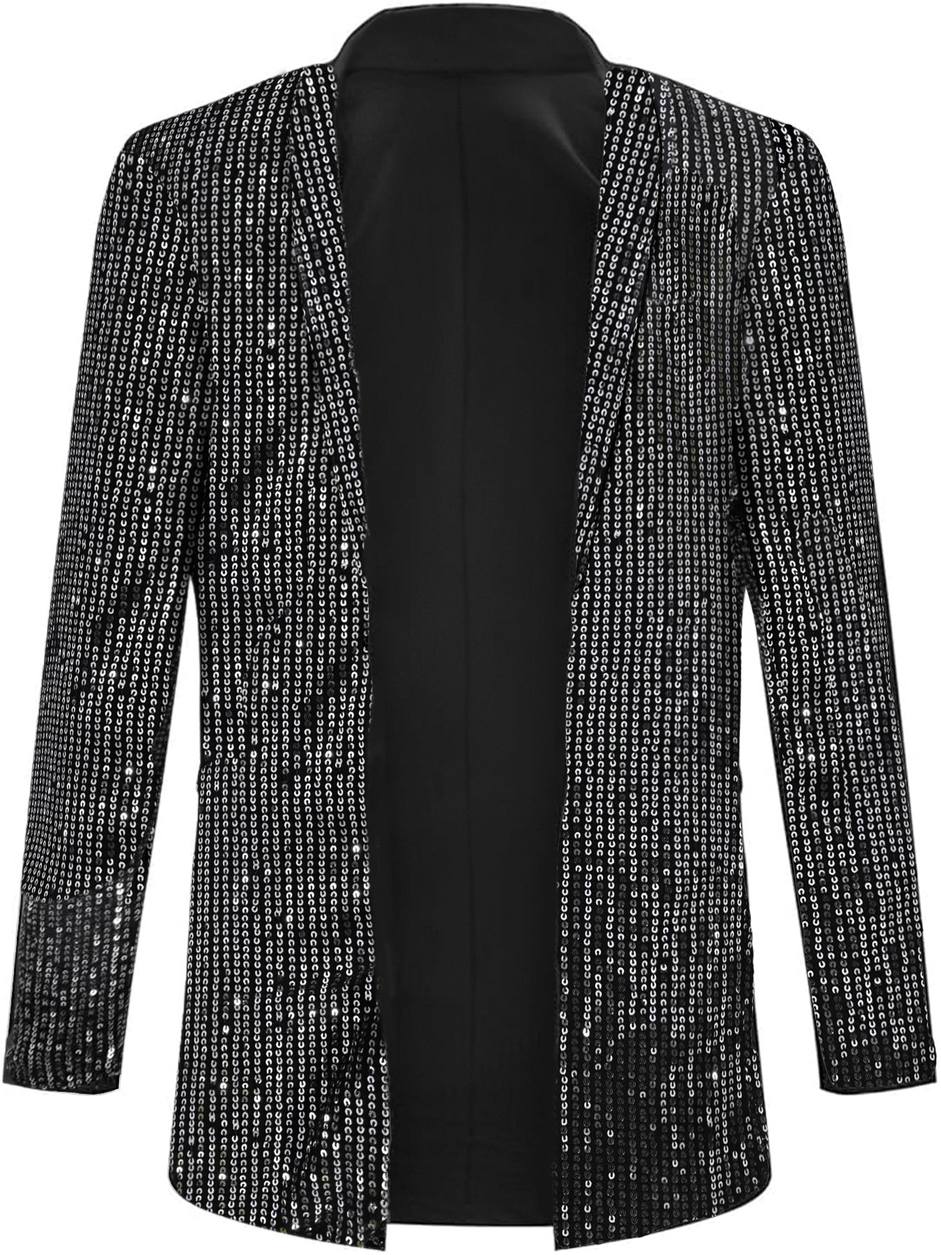 Elegant Womens Designer Fitted Sequin Overcoat - Versatile Black & Shimmering Silvery Outerwear for Any Occasion---D086