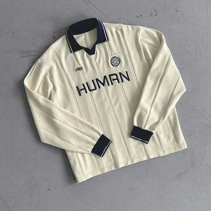 Fashion American Street Brand HUMAN Embroidered Polo Sweater Unisex Football Element Lapel Long-Sleeve Retro Loose Knit Top Y251110