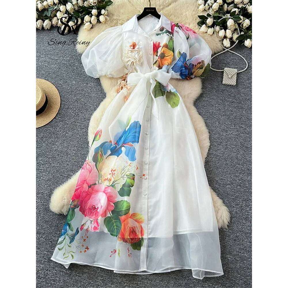 SINGREINY Original Brand 3D Floral Organza Long Female Lapel Short Sleeves High Quality French Vintage Print Maxi Dress