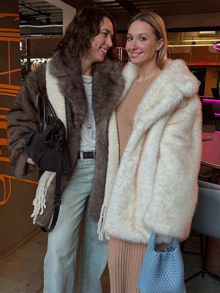 Oversized Tipdyed Lapel Furry Faux Fur Coats Women Elegant Turndown Collar Long Sleeve Coat ner Winter Lady Outerwear 251110