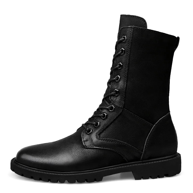 Winter Men High Leather Boots Combat Tactical Shoes Hunting Pure Black Plus Big Size 49 50 51 52 251107