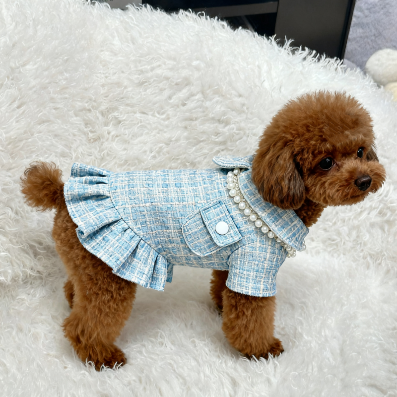 Fashion Tweed Pet Dress with Pearl Decoration, Ruffle Hem & Pocket Design, Stylish Small Dog Clothes for Bichon Poodle, High-Quality Pet Apparel for D