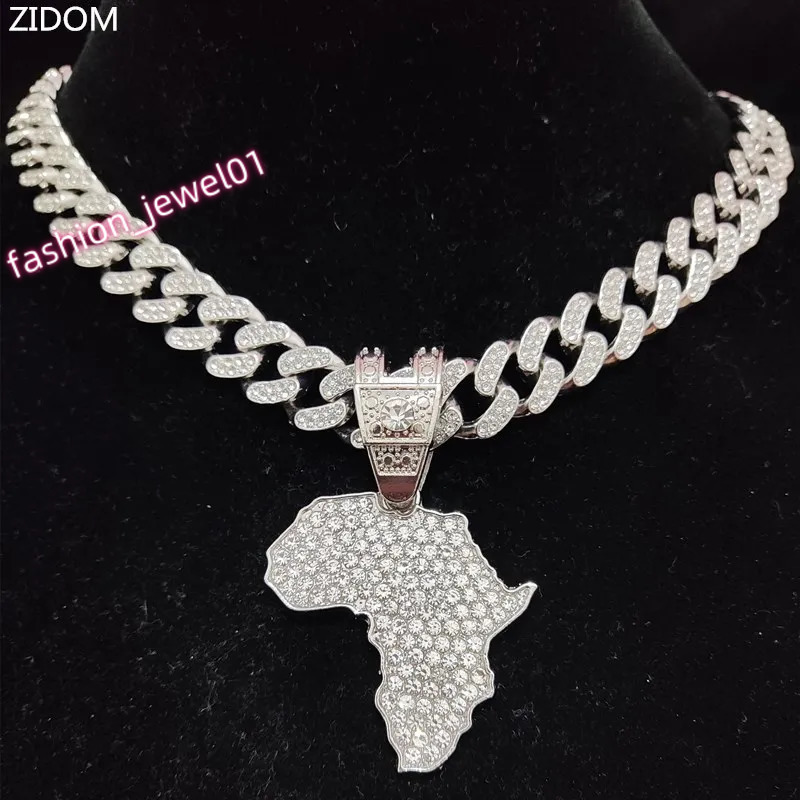 Men Women Hip Hop Iced Out Bling Map of Africa Pendant Necklace with 13mm Cuban Chain HipHop Necklaces Fashion Charm Jewelry