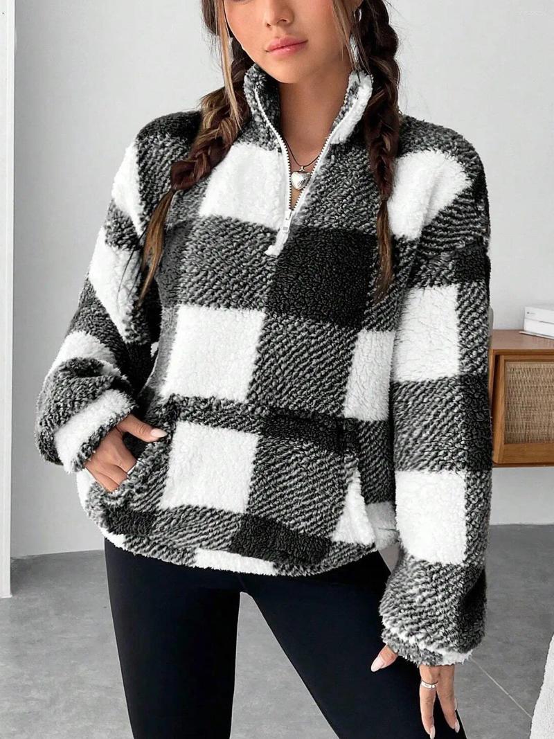 Women's Sweaters Casual Lattice Plush Simple Style Loose All-match Homewear Pullover Contrast Comfortable Commuting