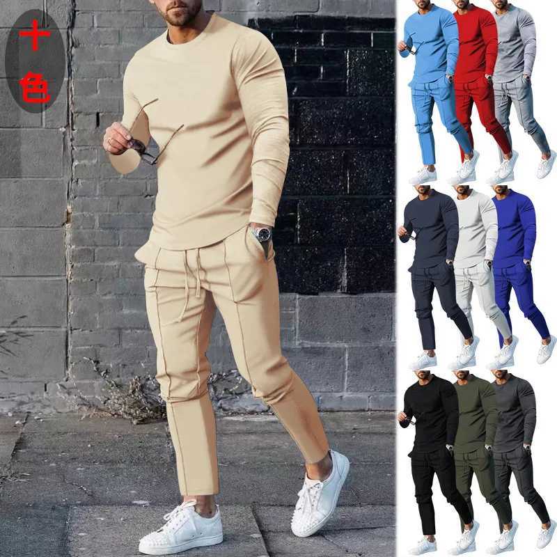 2024 spring two-piece set crew neck long-sleeved t-shirt trousers solid color casual mens suit W251110