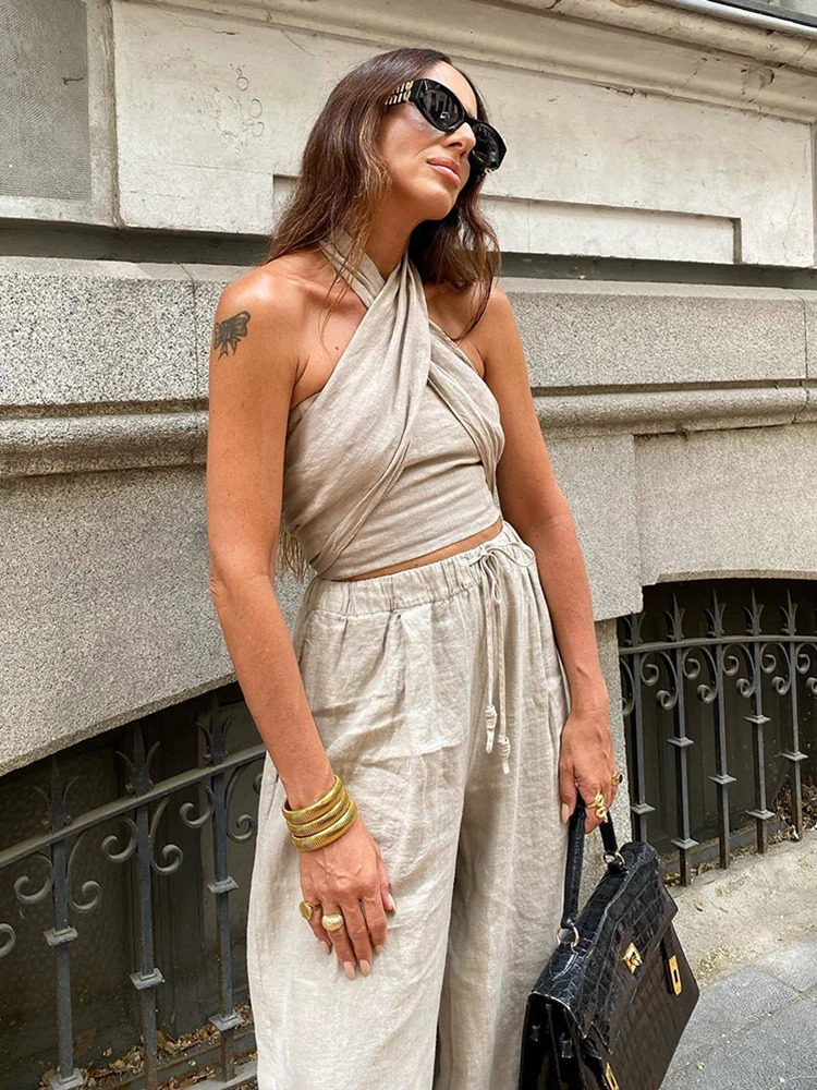 Soft Women Linen Pants Set Summer Fashion Ladies Elegant Loose Boho Two Piece Set Streetwear Female Chic Outfits Sexy 250408