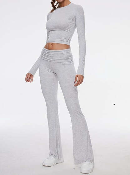 2024 Amazon Fast Selling New European and American Women's Fashion Round Neck, Short, Slim Fit, Low Waist, Flared Pants Set