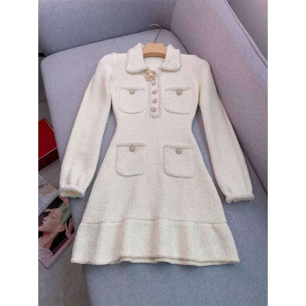 High Waist Sweet Women Tweed Lapel Long Sleeve Pearl Sequins A-Line Short Dresses Slim Fit Office Ladies Elegant Dress