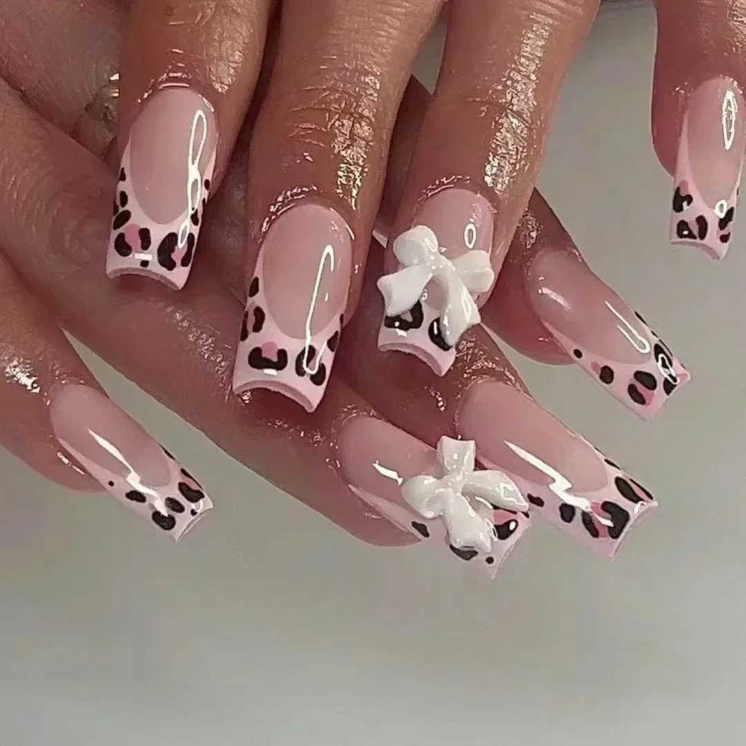 24 pieces of medium length pink leopard fake nails with bow design square shaped nails can be worn with French fake nails complete set of handmade poi