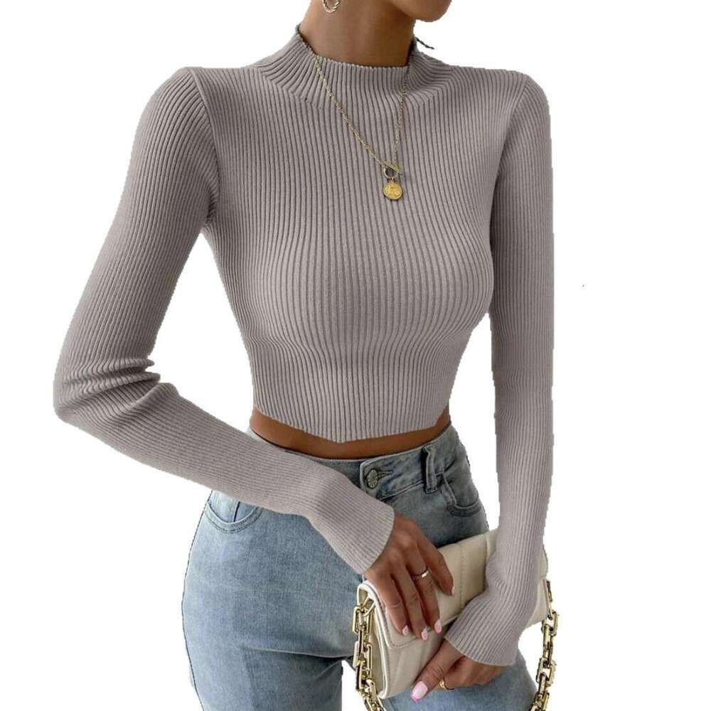 Cross-Border Foreign Trade European and American Solid Color Ribbed Base Amazon Autumn Winter Thin Slim Fit Women's Knitwear