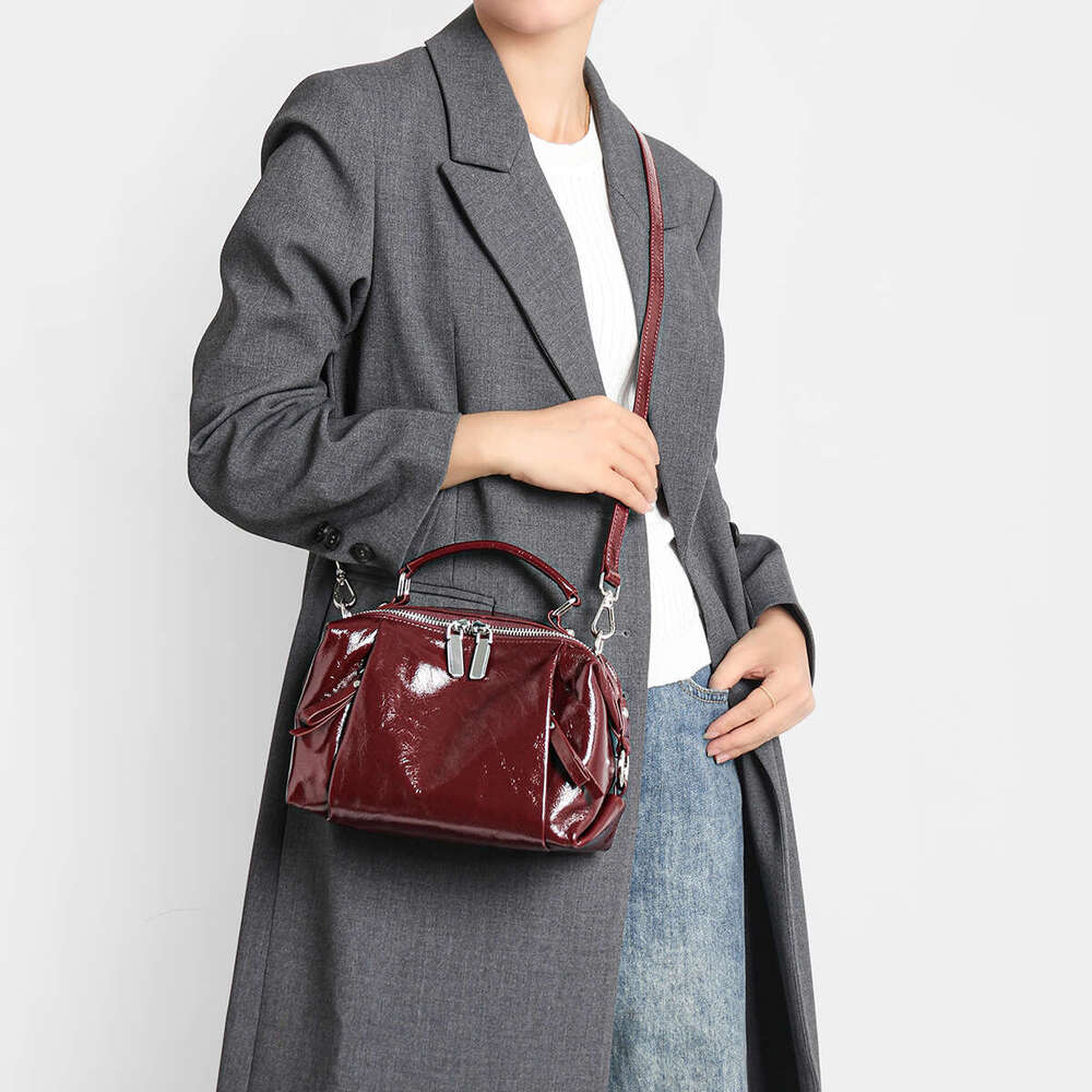 Women's Black Genuine Tote Bag Glossy Full-Grain Crossbody/Handbag With Golden-Tone Hardware, Zipper Closure & Strap - Elegant, Formal, Everyday 