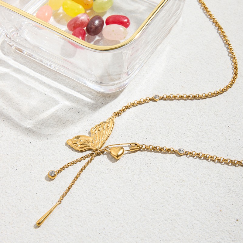 Jewellery High Quality 18K Gold Plated Butterfly Diamond Paperclip Necklace Stainless Steel No Fade Jewelry Gift for Special Occasions Textured Elegan