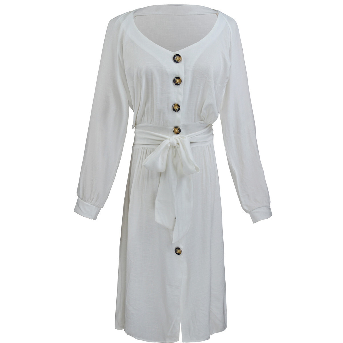 2025 Women's New Long Sleeve V-Neck Button Lace up Solid Color Sexy Loose Size Dress