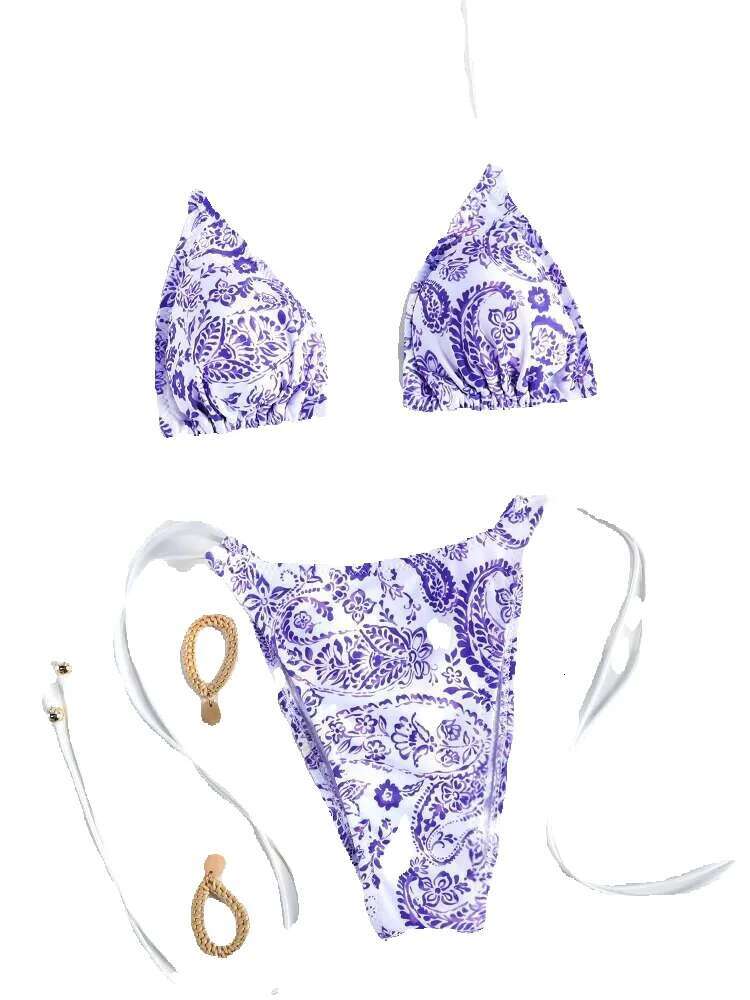 Sexy triangle set, mini flip flops women's bikini, beach bandage printed swimsuit, thong bikini