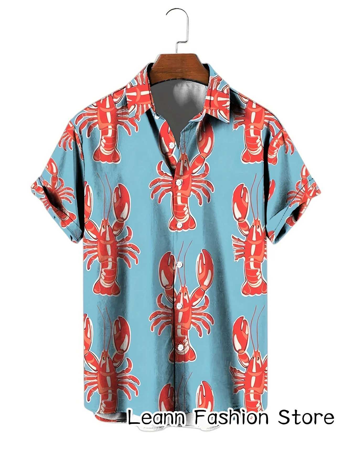 Mens summer fashionable beach shirt crab lobster print casual and casual Hawaiian vacation short sleeved clothing X250410