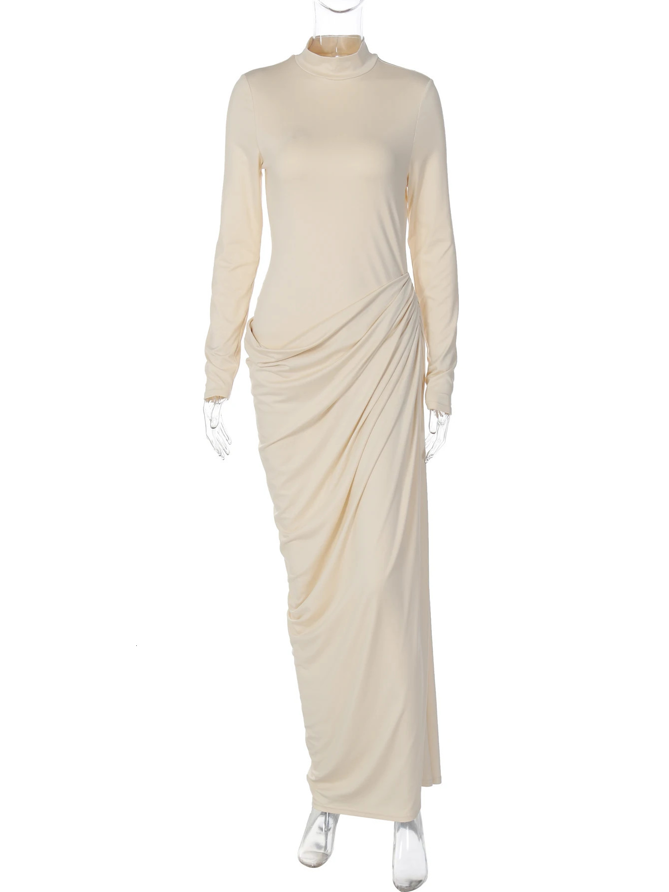 Dulzura Autumn Fashion Elegant High Collar Long Sleeve Ruched Slim Fit Dress WomenS Solid Casual Party Club Street Clothes 251110