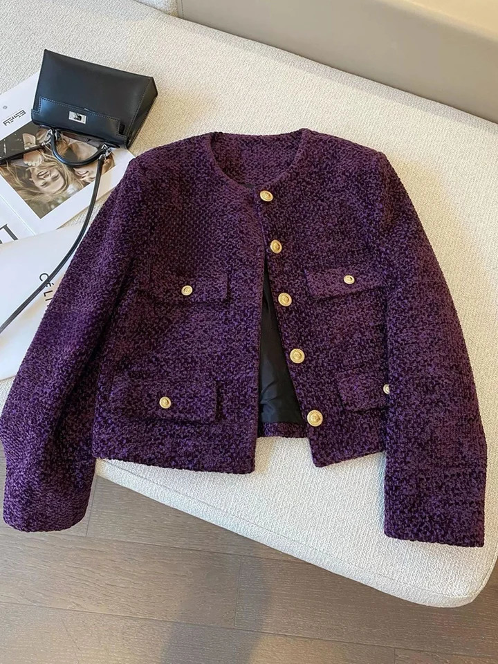 Jmprs Purple Retro Tweed Jacket Women Fall Winter O Neck Long Sleeve Short Coat Korean Casual Elegant Vintage Female Slim Tops 251110