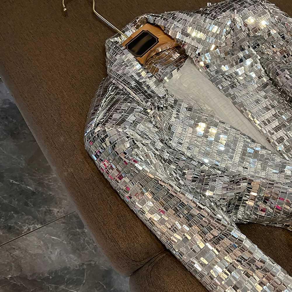 TWOTWINSTYLE Solid Sequin Two Piece Sets For Women Lapel Long Sleeveltop High Waist Pants Elegant Set Female Fashion W251110